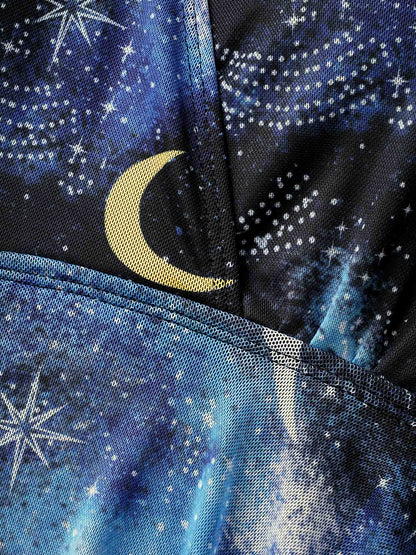 Overlap Collar Star & Moon Mesh Swim Dress