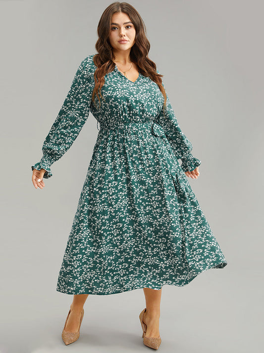 Ditsy Floral Shirred Belted Notched Dress