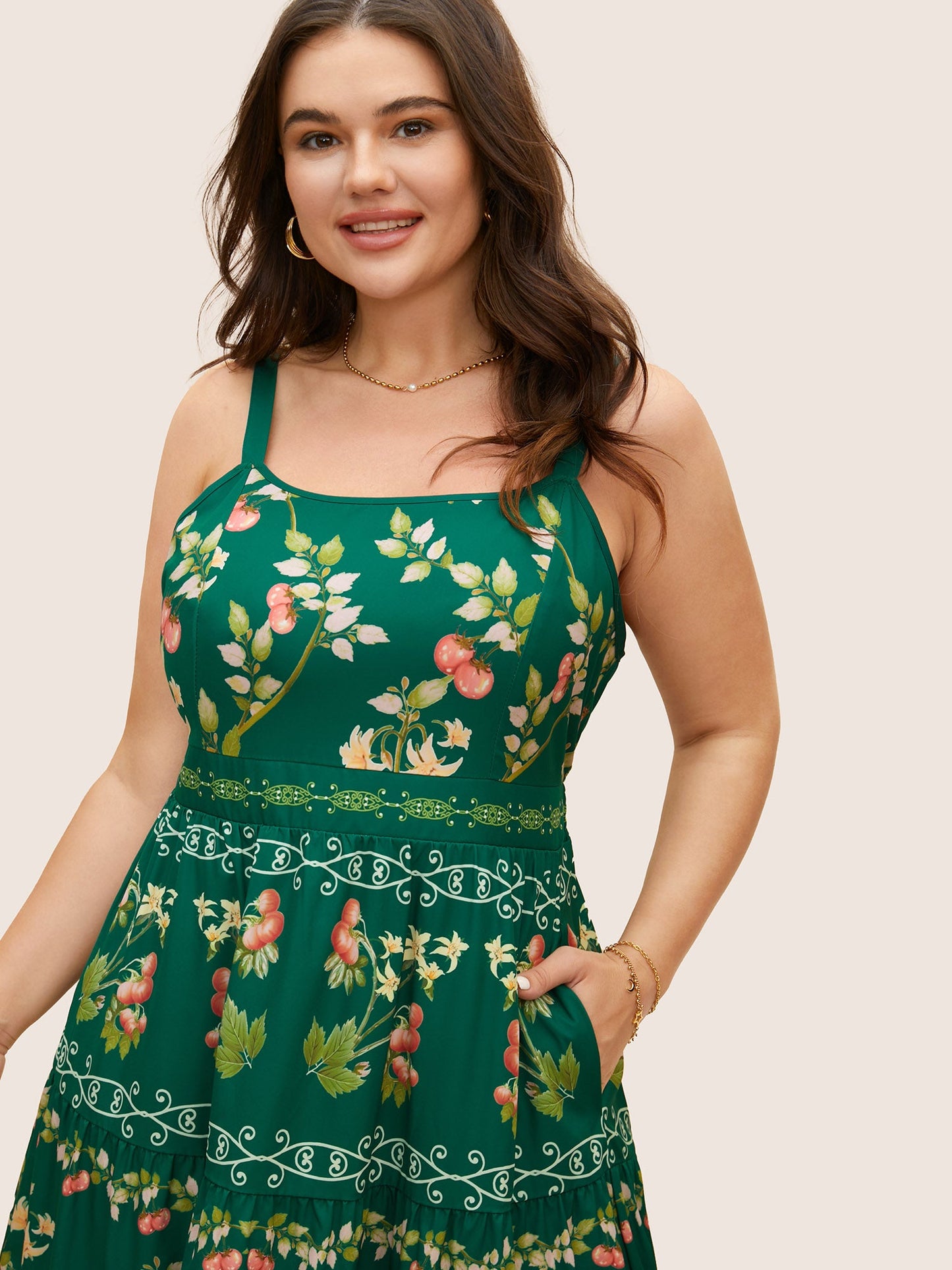 Tomato Print Ruffle Layered Hem Cami Dress