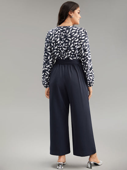 Brush Print Patchwork Wrap Belted Jumpsuit