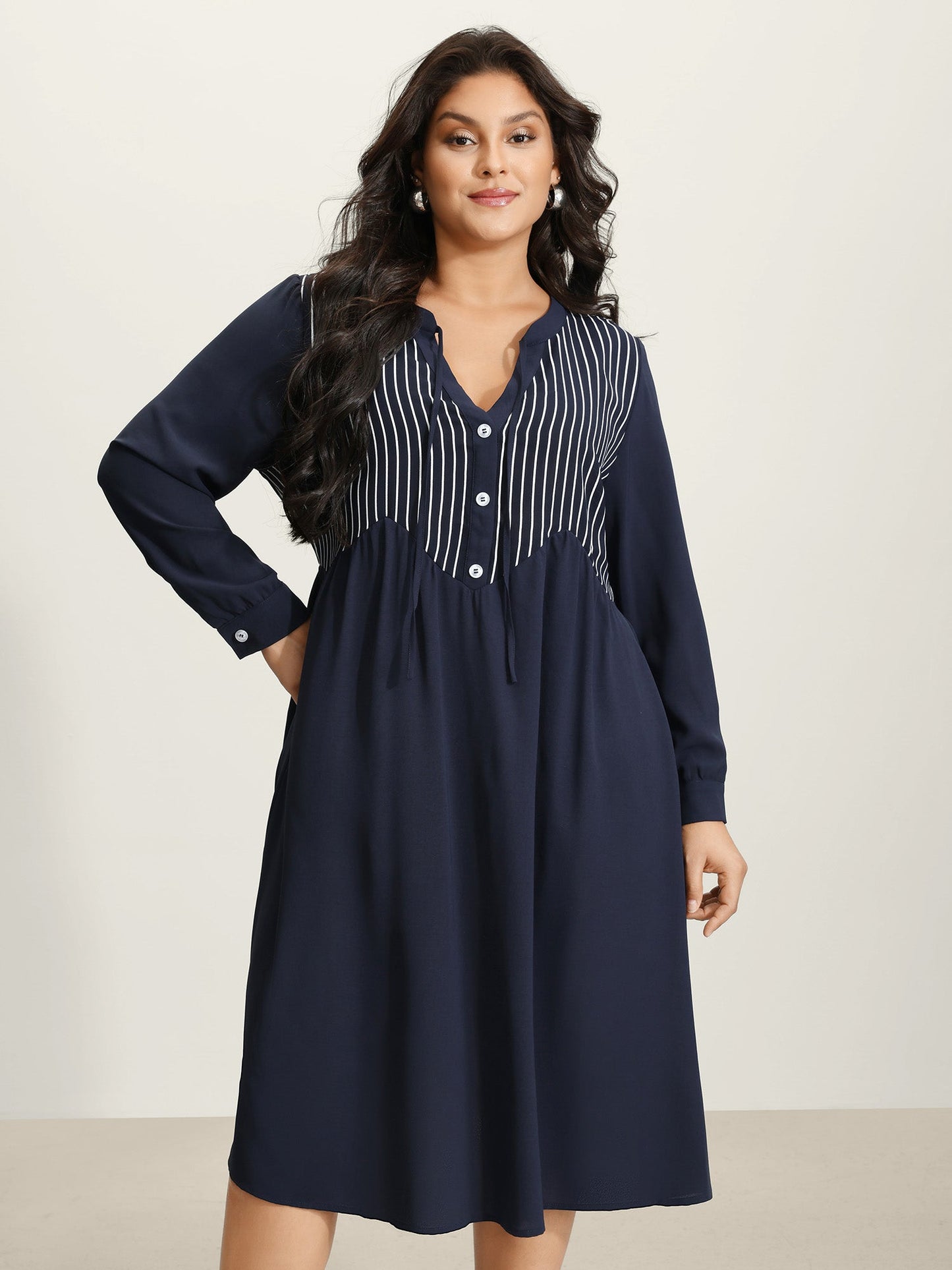 Striped Button Detail Stretchy Waist Midi Dress