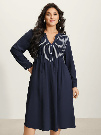 Striped Button Detail Stretchy Waist Midi Dress