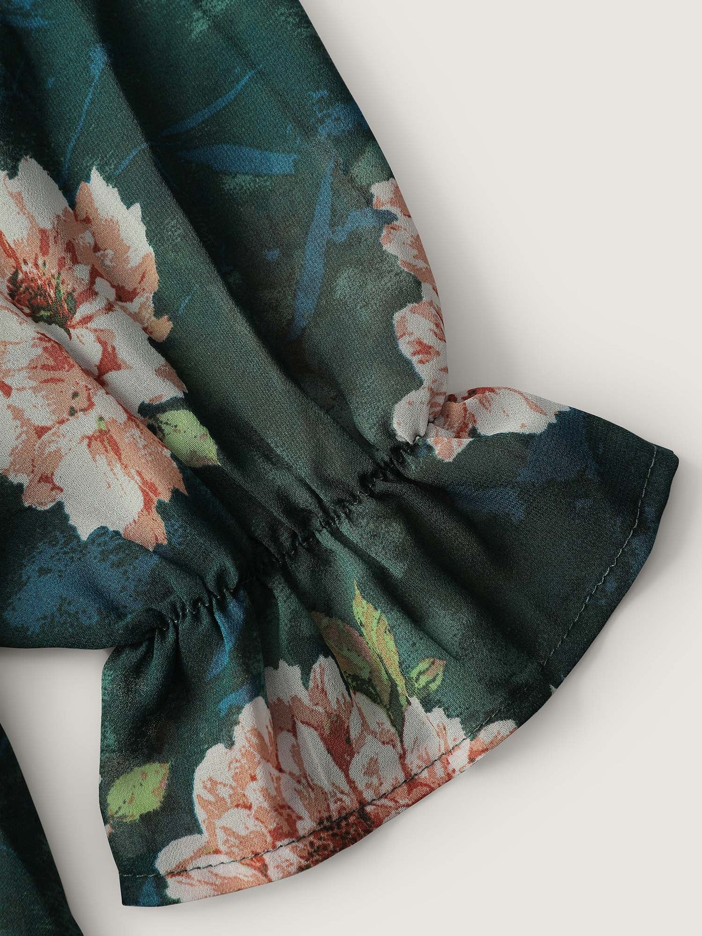 Sheer Floral Print Tie Flared Blouse