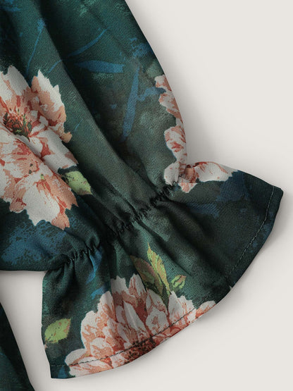 Sheer Floral Print Tie Flared Blouse