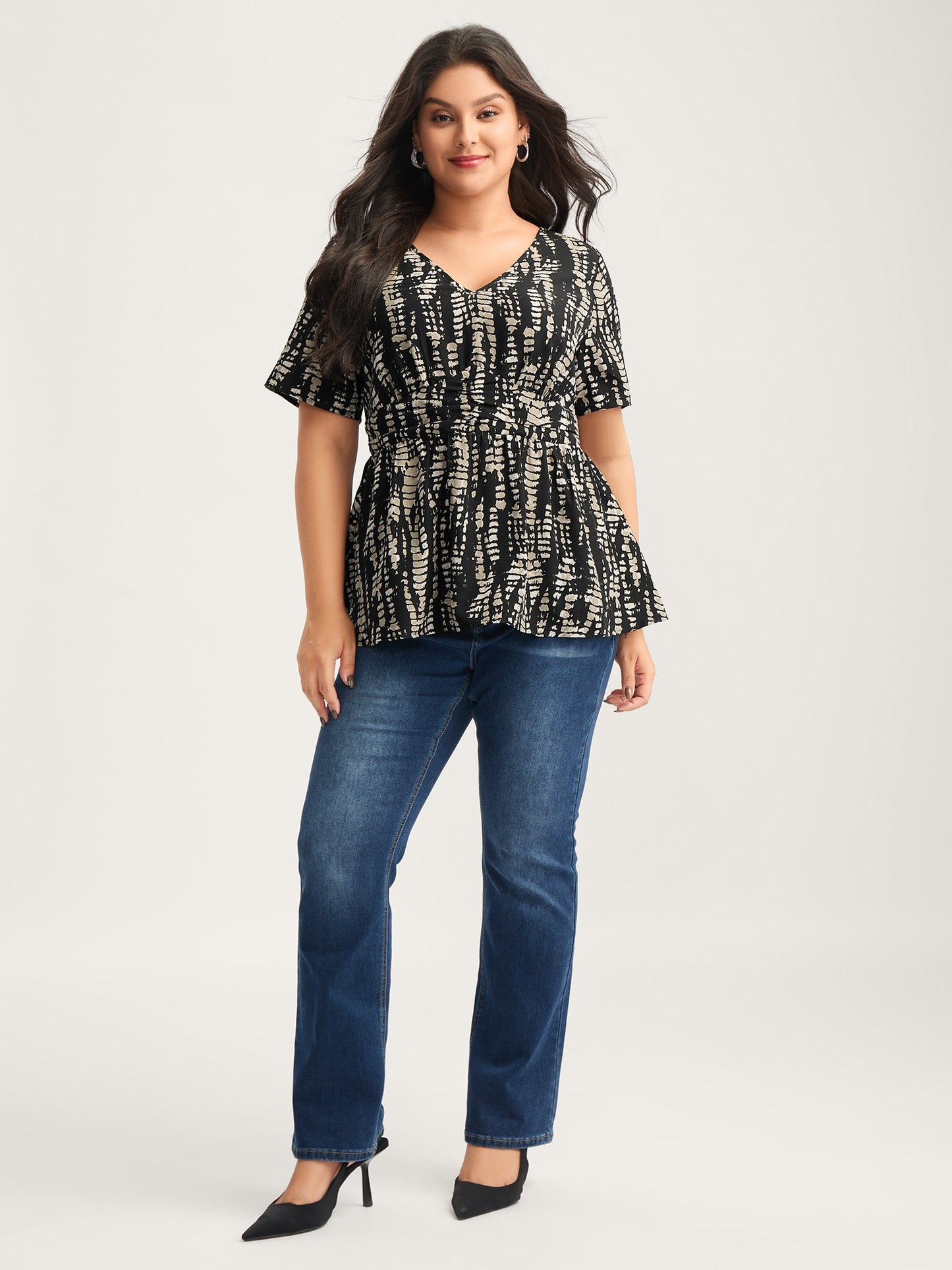 Abstract Print Cinched Waist Blouse