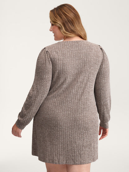 Ribbed Puffy Sleeve Knee-Length Sweater Dress