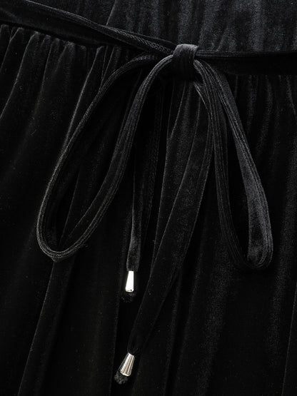 Velvet Sheer Neckline Belted Waist Maxi Dress