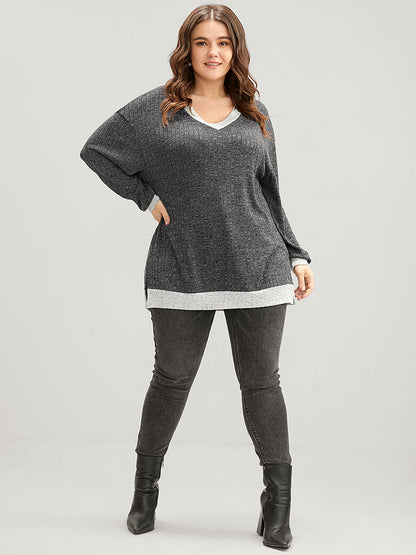 Contrast Trim Split Hem Textured V Neck Sweatshirt