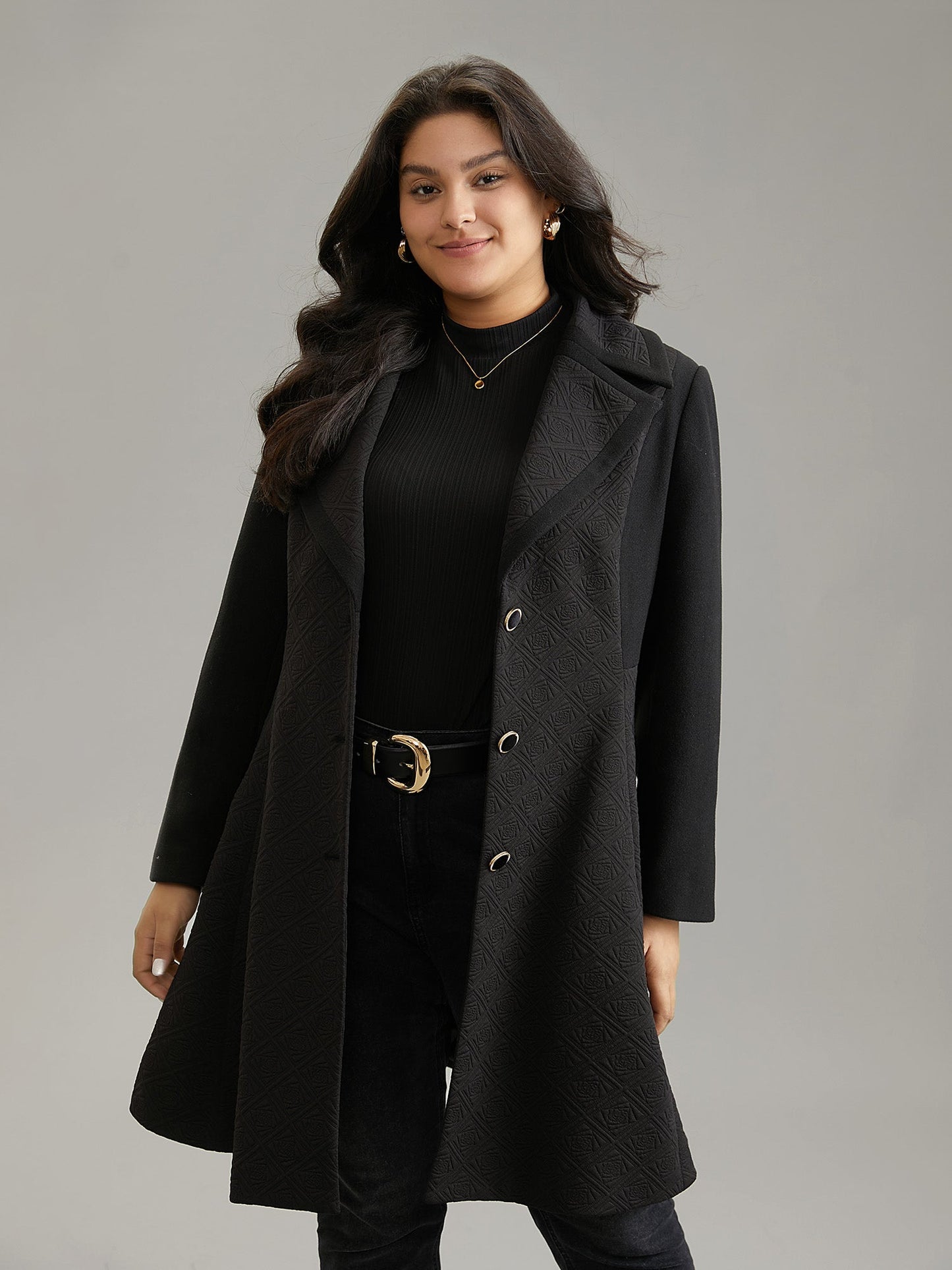 Solid Textured Button Up Lapel Collar Woven Coat