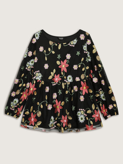 Floral Embroidered Mesh Knit Top