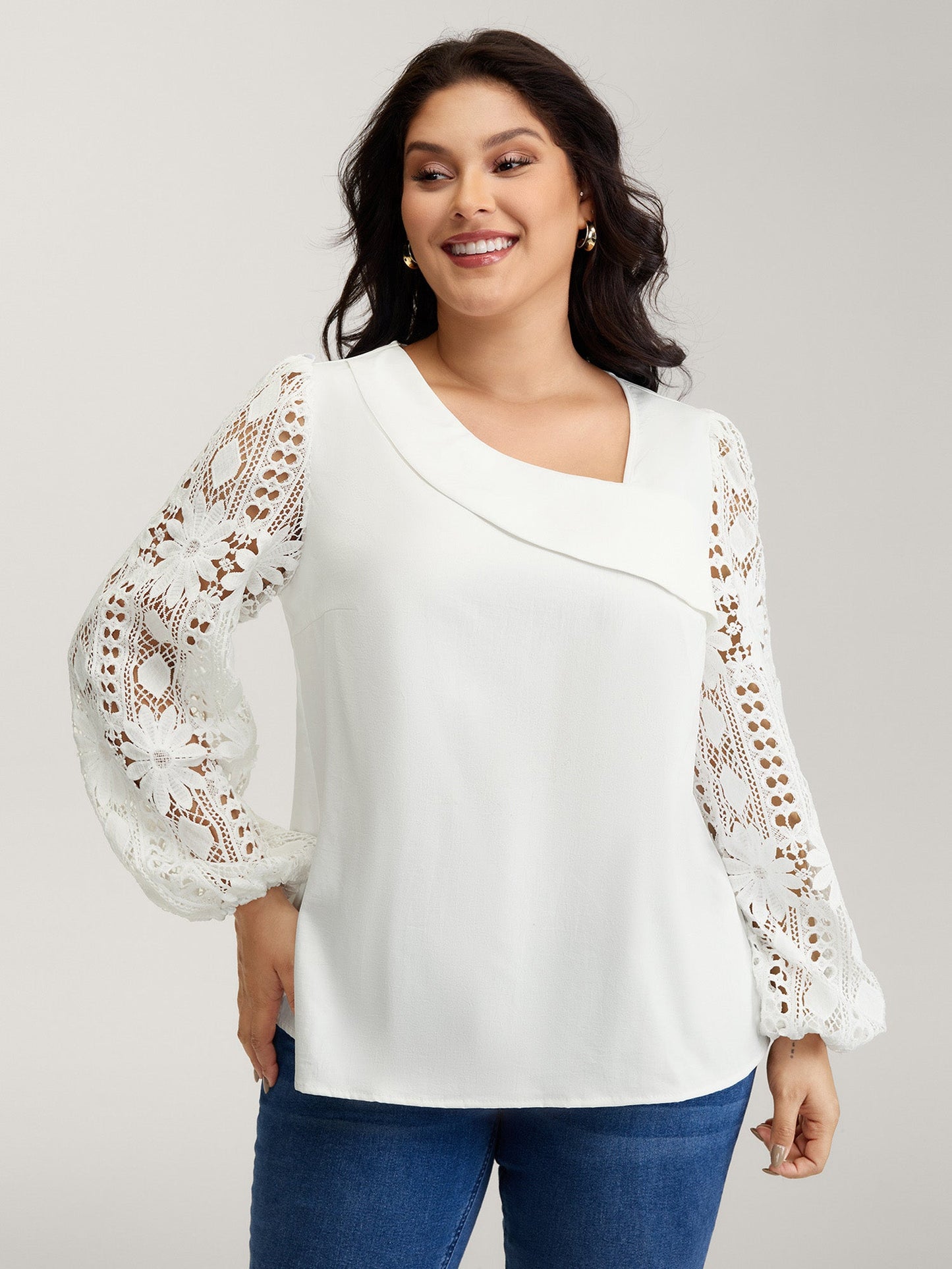 Sheer Lace Sleeve Asymmetrical Neckline Blouse