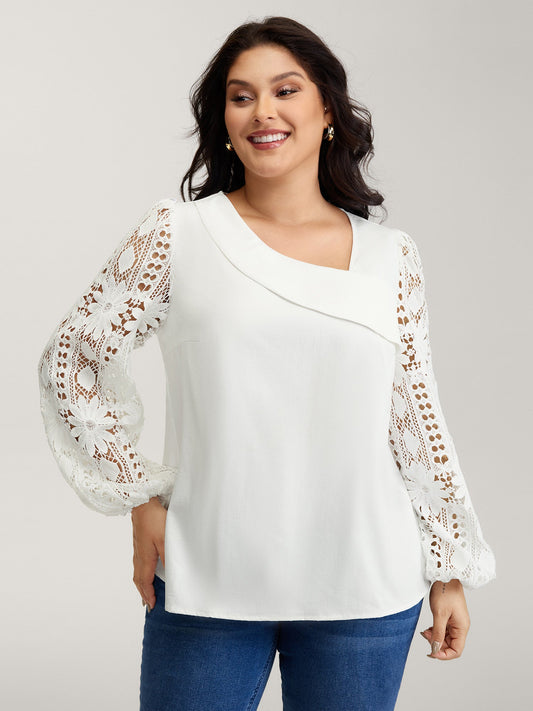 Sheer Lace Sleeve Asymmetrical Neckline Blouse