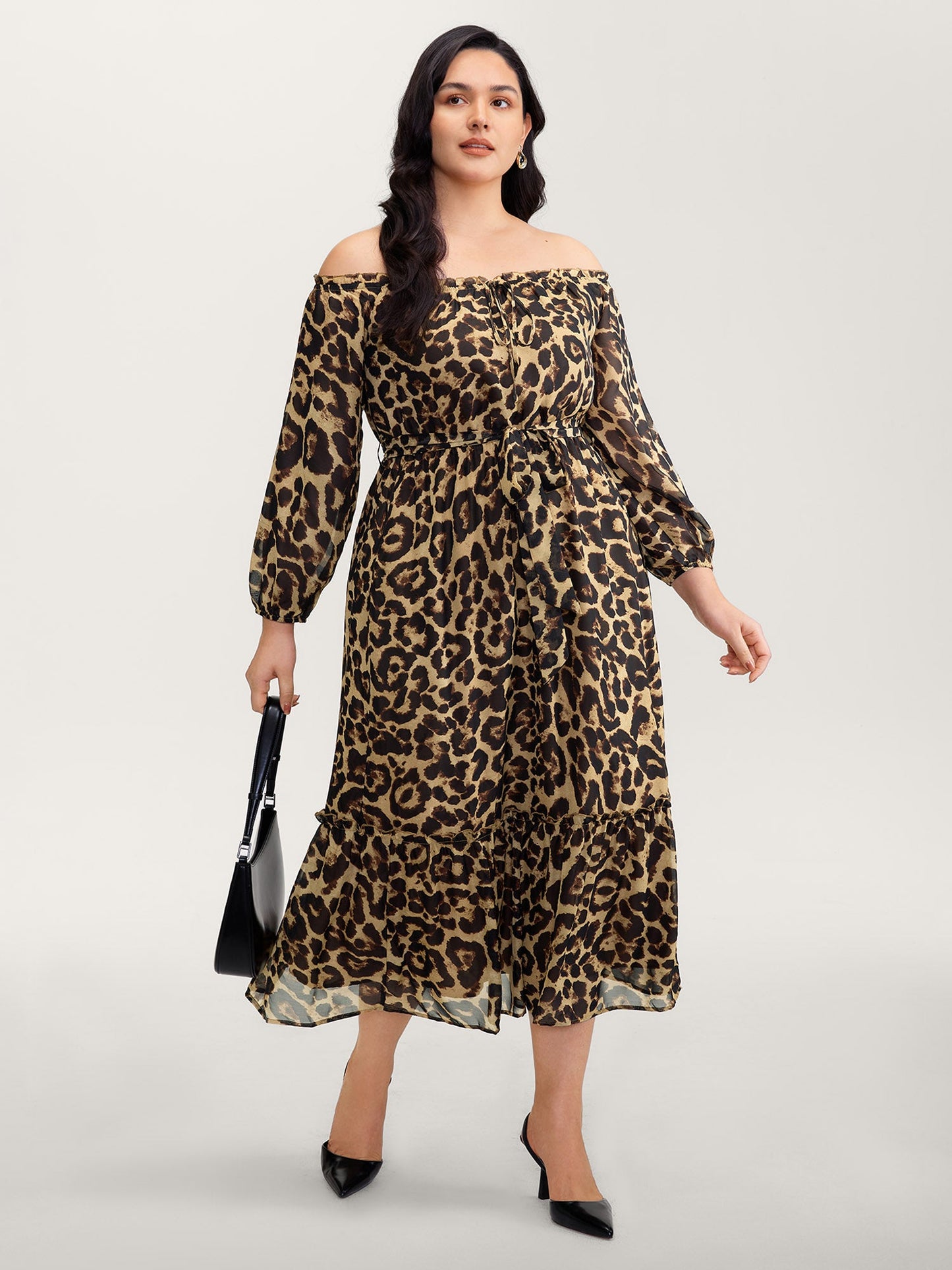 Off-Shoulder Leopard Print Sheer Maxi Dress