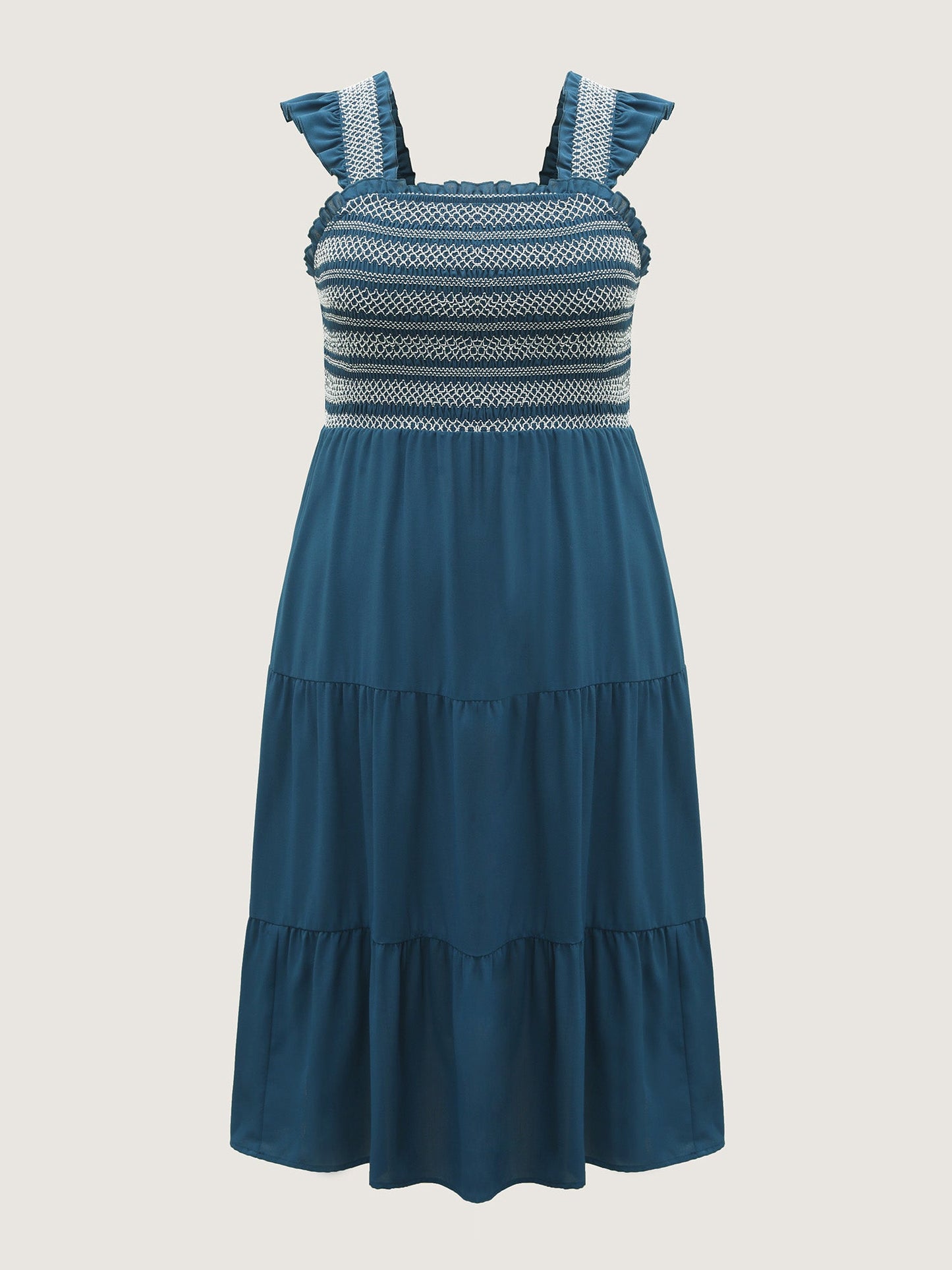 Fancy Shirred Flutter Tiered Pockets Midi Dress
