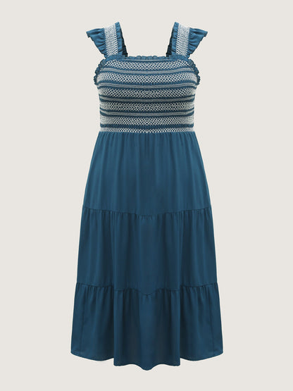 Fancy Shirred Flutter Tiered Pockets Midi Dress