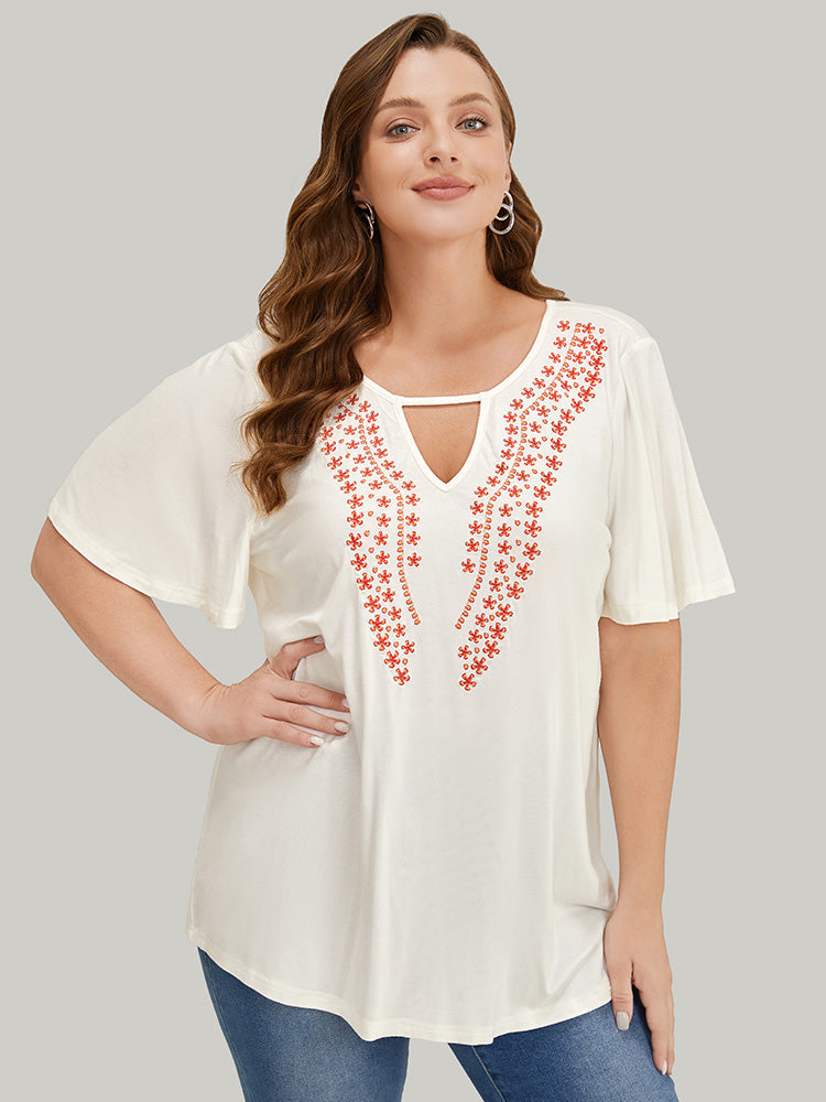 Floral Embroidered Ruffle Sleeve Keyhole Neck T-shirt