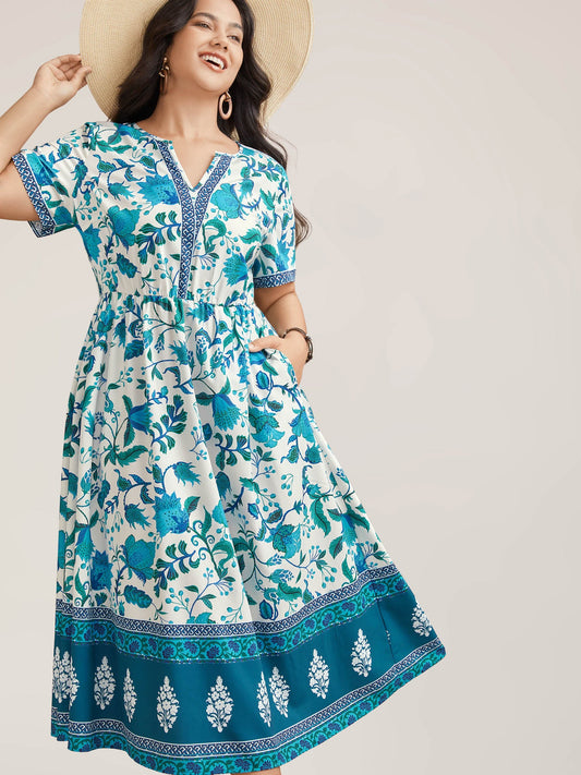 Boho Print Notched Collar Midi Dress