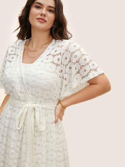 Crochet Lace Mesh Belted Midi Dress