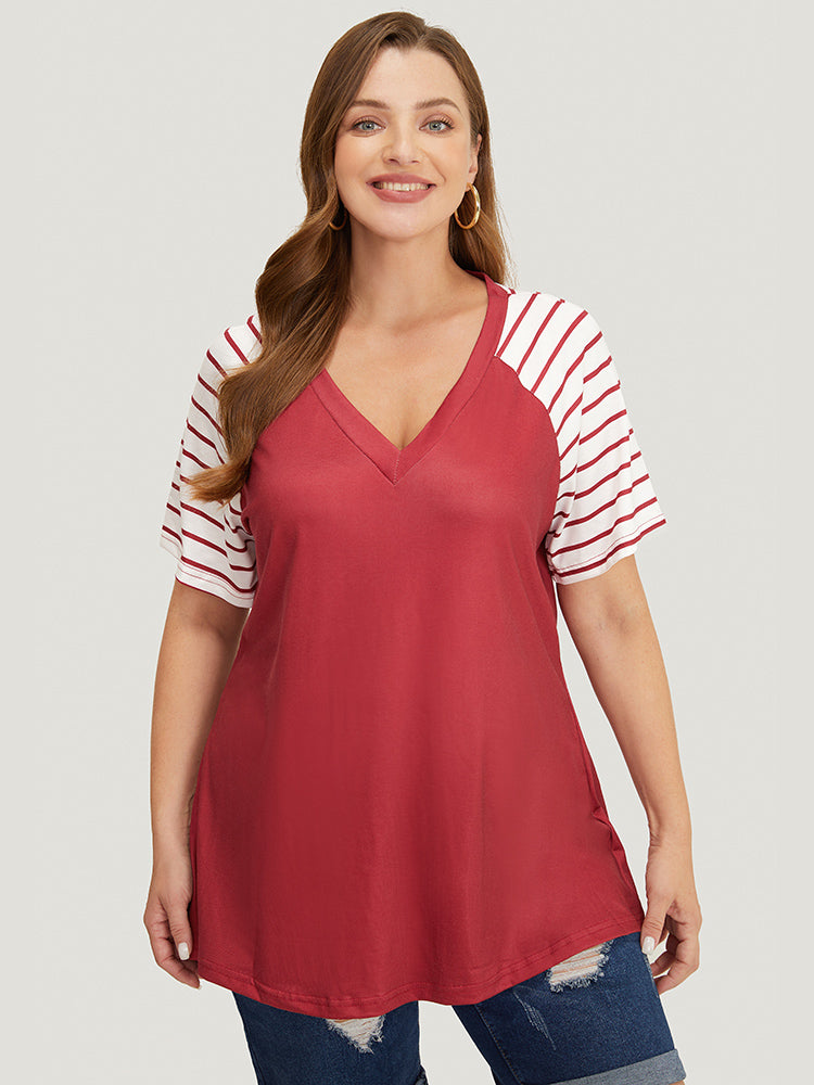 Striped Contrast Raglan Sleeve V Neck T-shirt