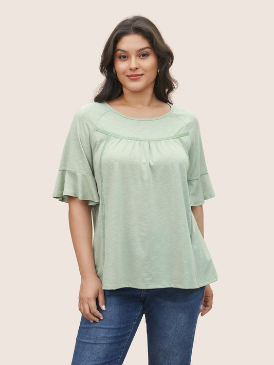 Round Neck Plain Gathered Ruffles T-shirt