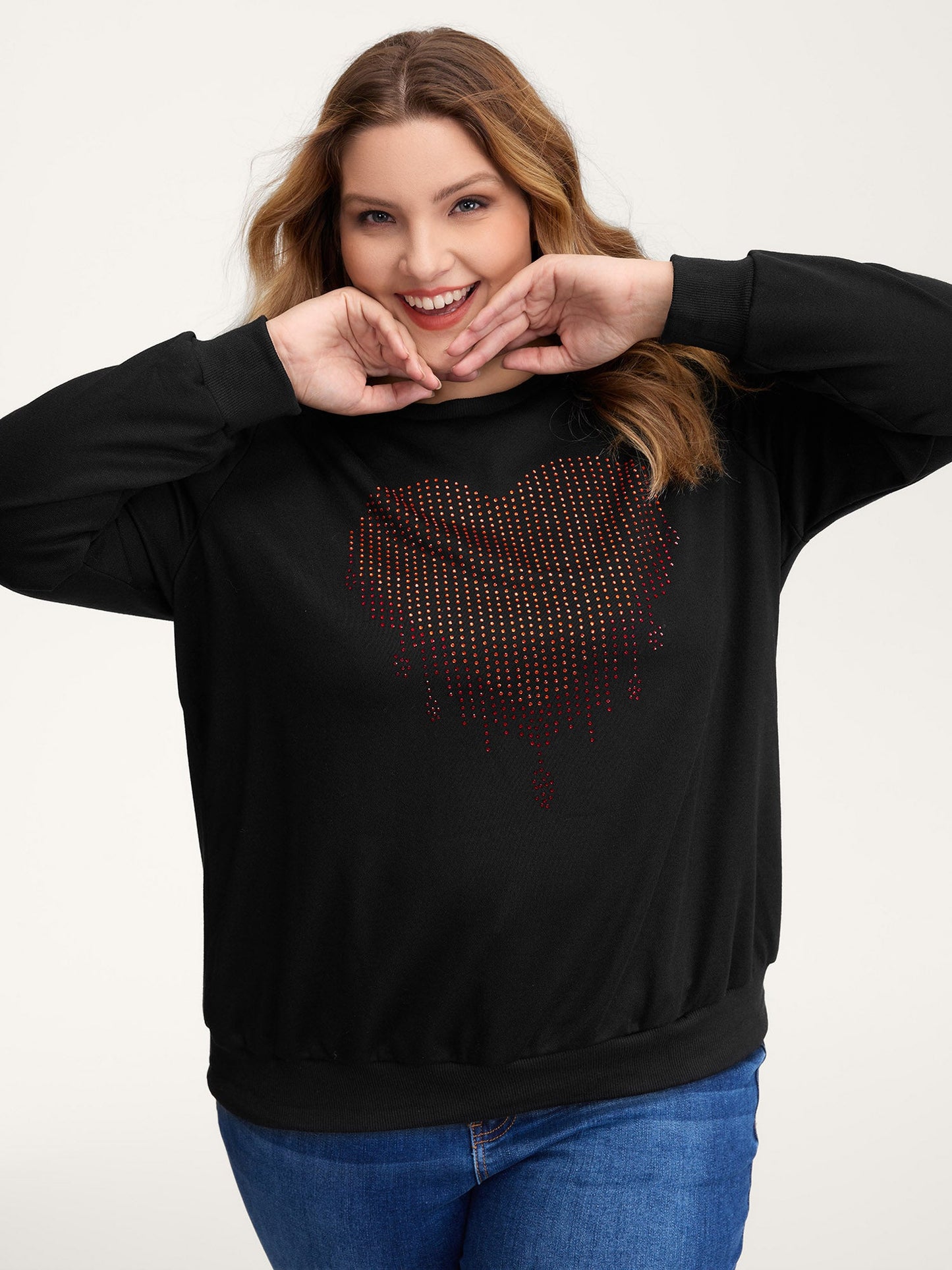 Heart Motif Rhinestones Round Neck Sweatshirt