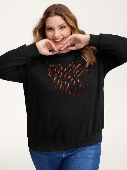 Heart Motif Rhinestones Round Neck Sweatshirt