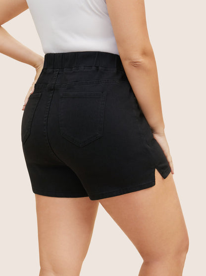 Black Wash Slit Hem Slim Denim Shorts