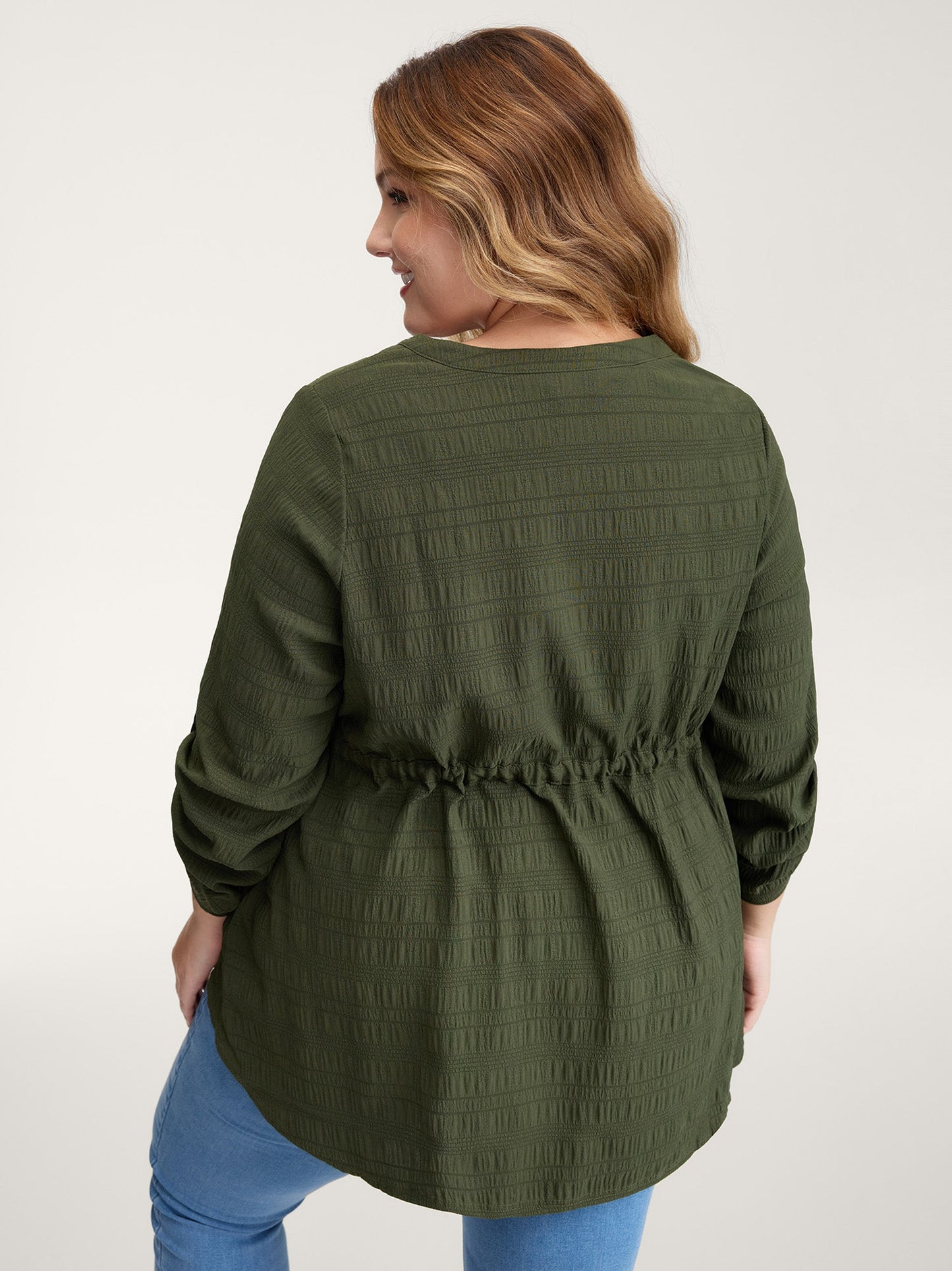 Textured Tab Sleeve Waist Drawstring Blouse