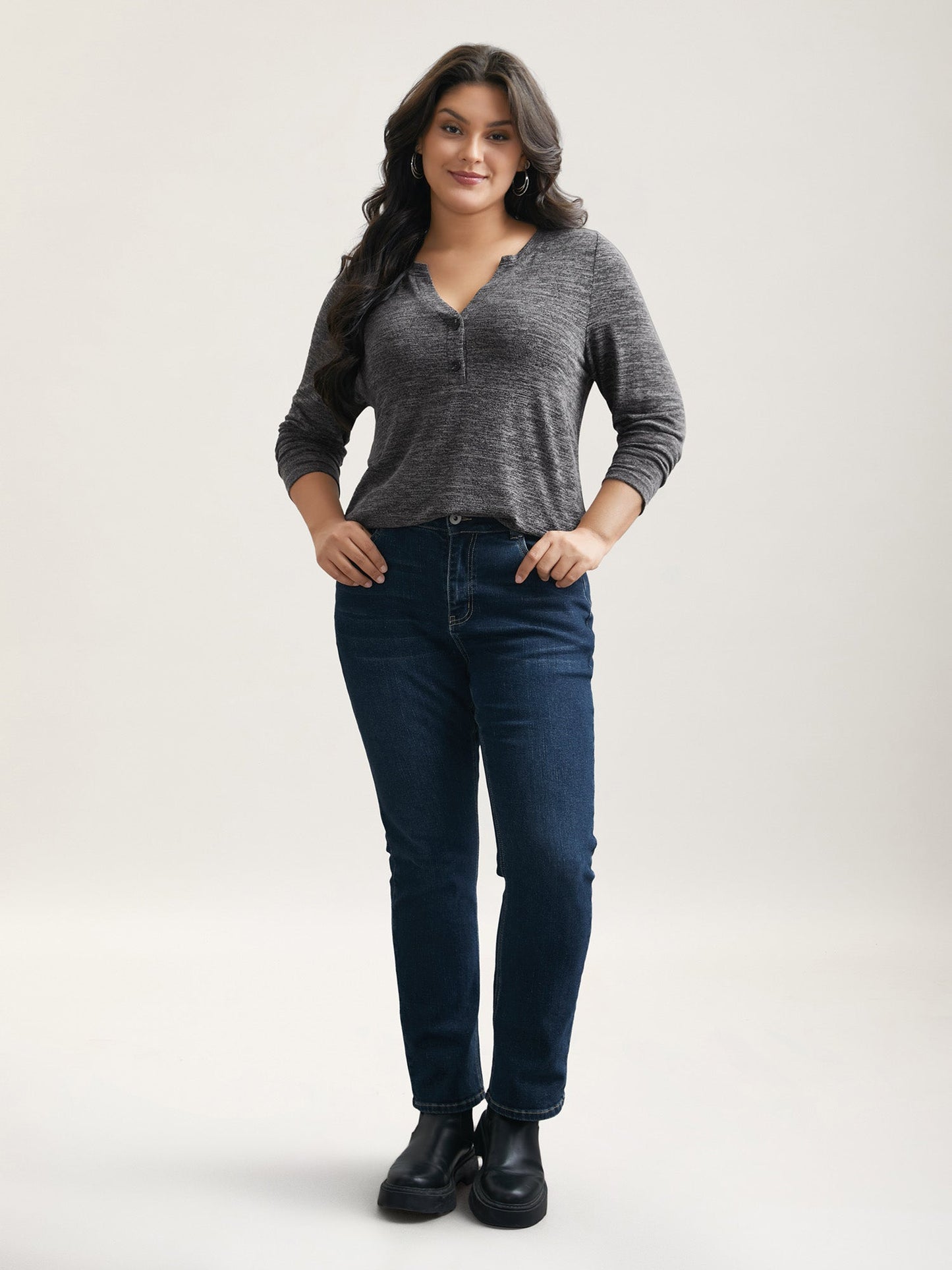Heather Textured Button-Front Fitted T-Shirt