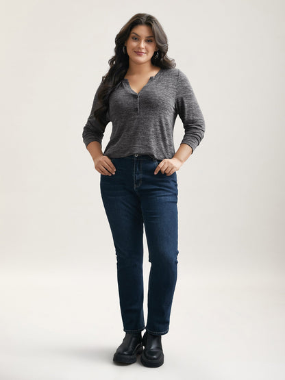 Heather Textured Button-Front Fitted T-Shirt