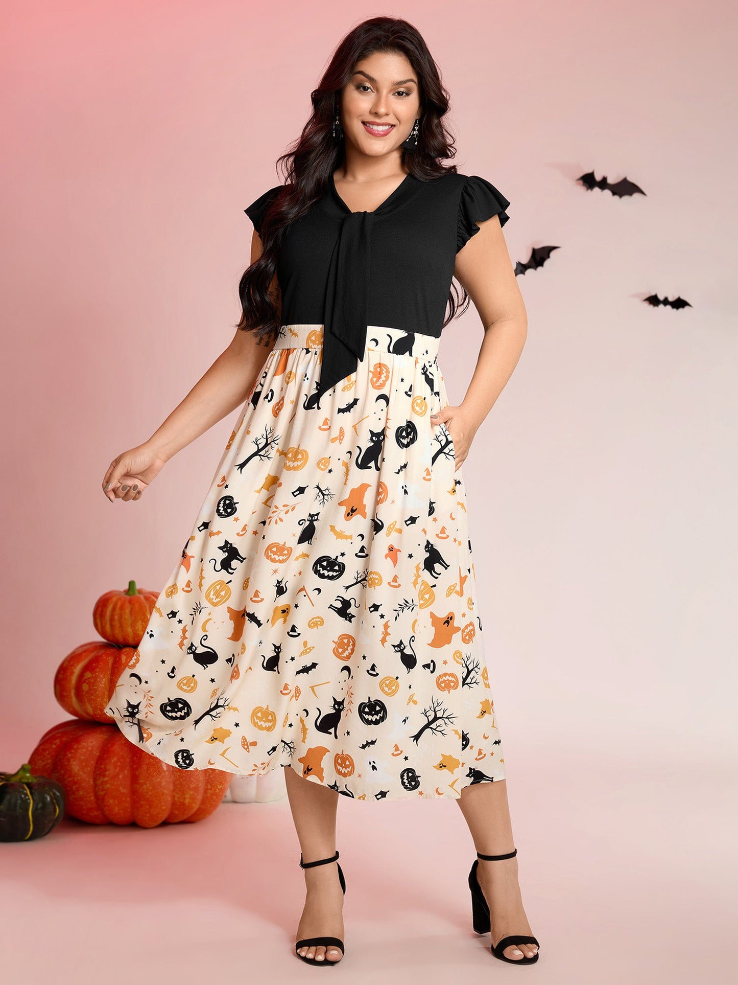 Halloween Print Spliced Neck-Tie Midi Dress
