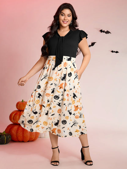 Halloween Print Spliced Neck-Tie Midi Dress