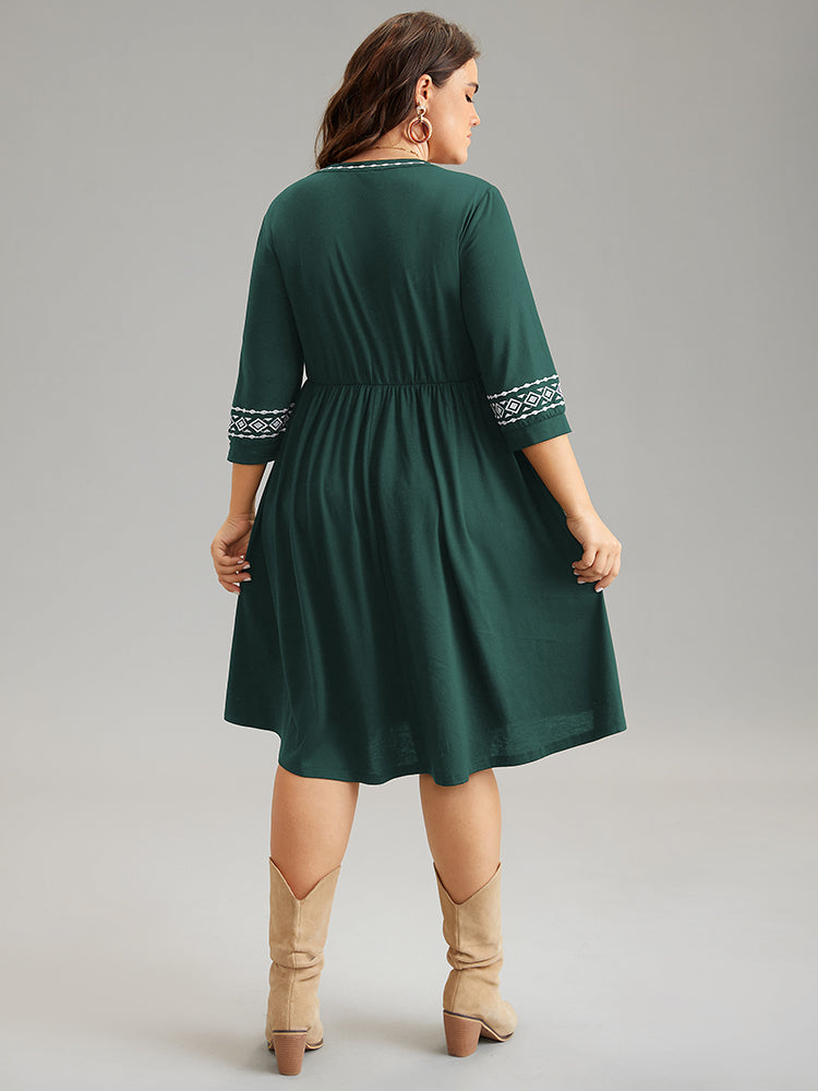 Bandana Embroidered Tie Neck Gathered Dress
