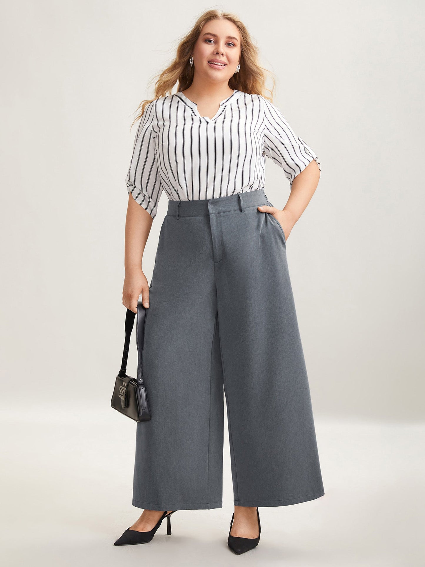 Heathered Stretchy Waist Wide-Leg Pants