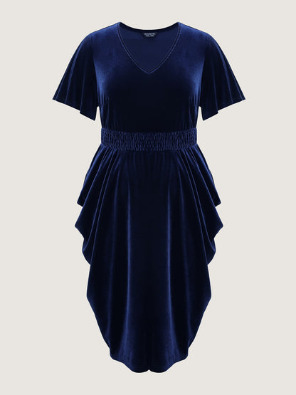 Velvet Shirred Waist Asymmetrical Hem Midi Dress