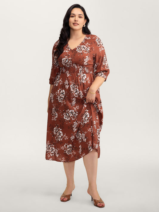 Floral Print Shirred Bust-Comfort Maxi Dress