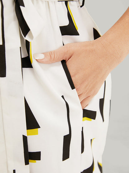 Geometric Print Pocket Belt Flutter Sleeve Dress