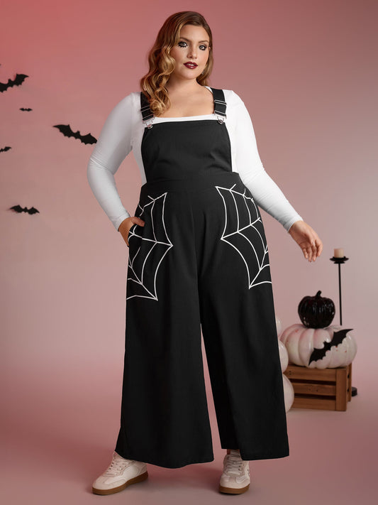 Spiderweb Side Print Overall Straps Jumpsuit