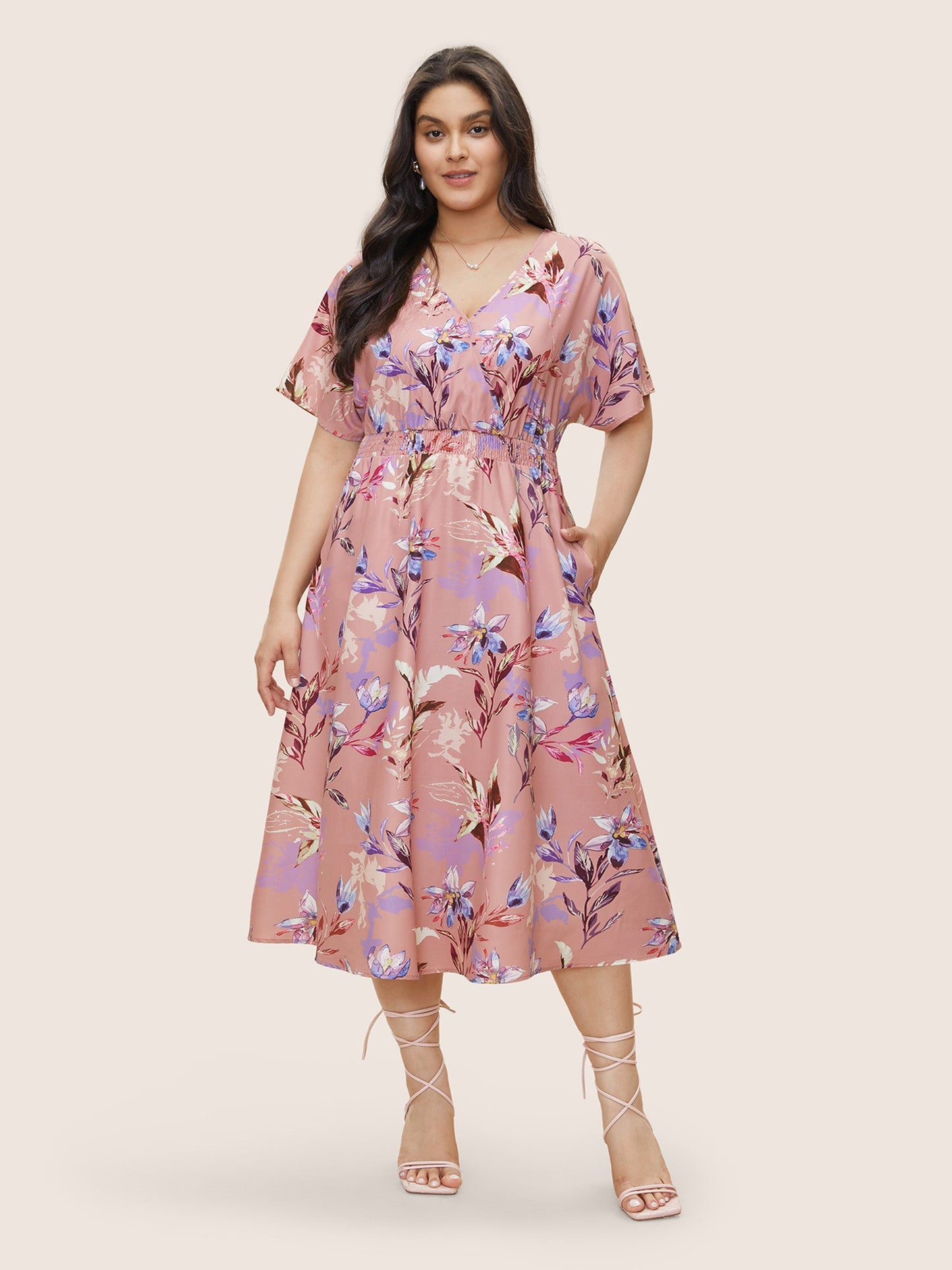 Floral Shirred Overlap Collar Elastic Waist Dress