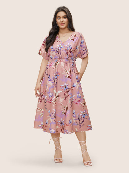Floral Shirred Overlap Collar Elastic Waist Dress