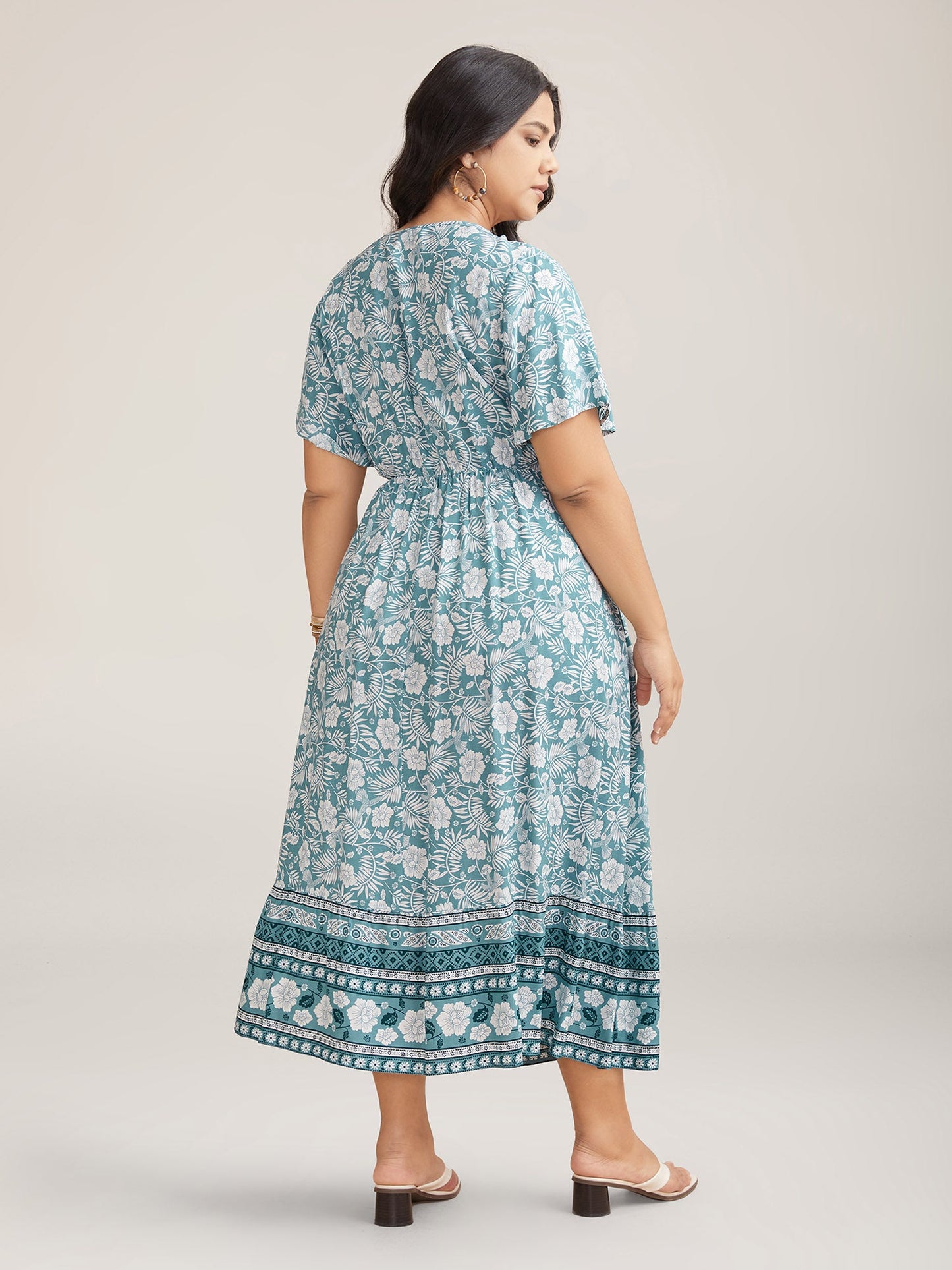 Floral Print Stretchy Waist Pockets Midi Dress