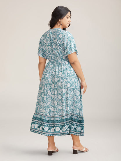 Floral Print Stretchy Waist Pockets Midi Dress