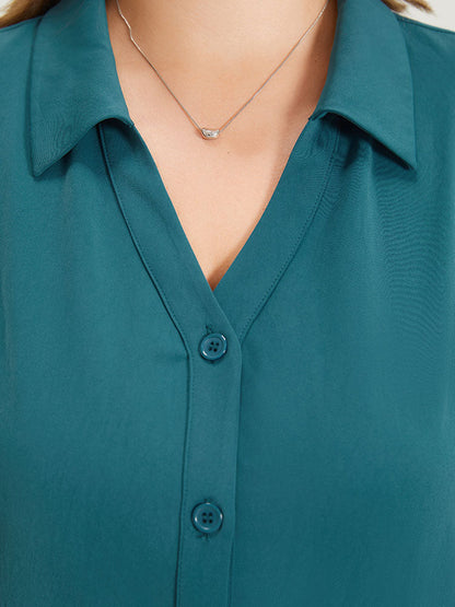 Plain Shirt Collar Shirred Button Up Ruffled Trim Blouse