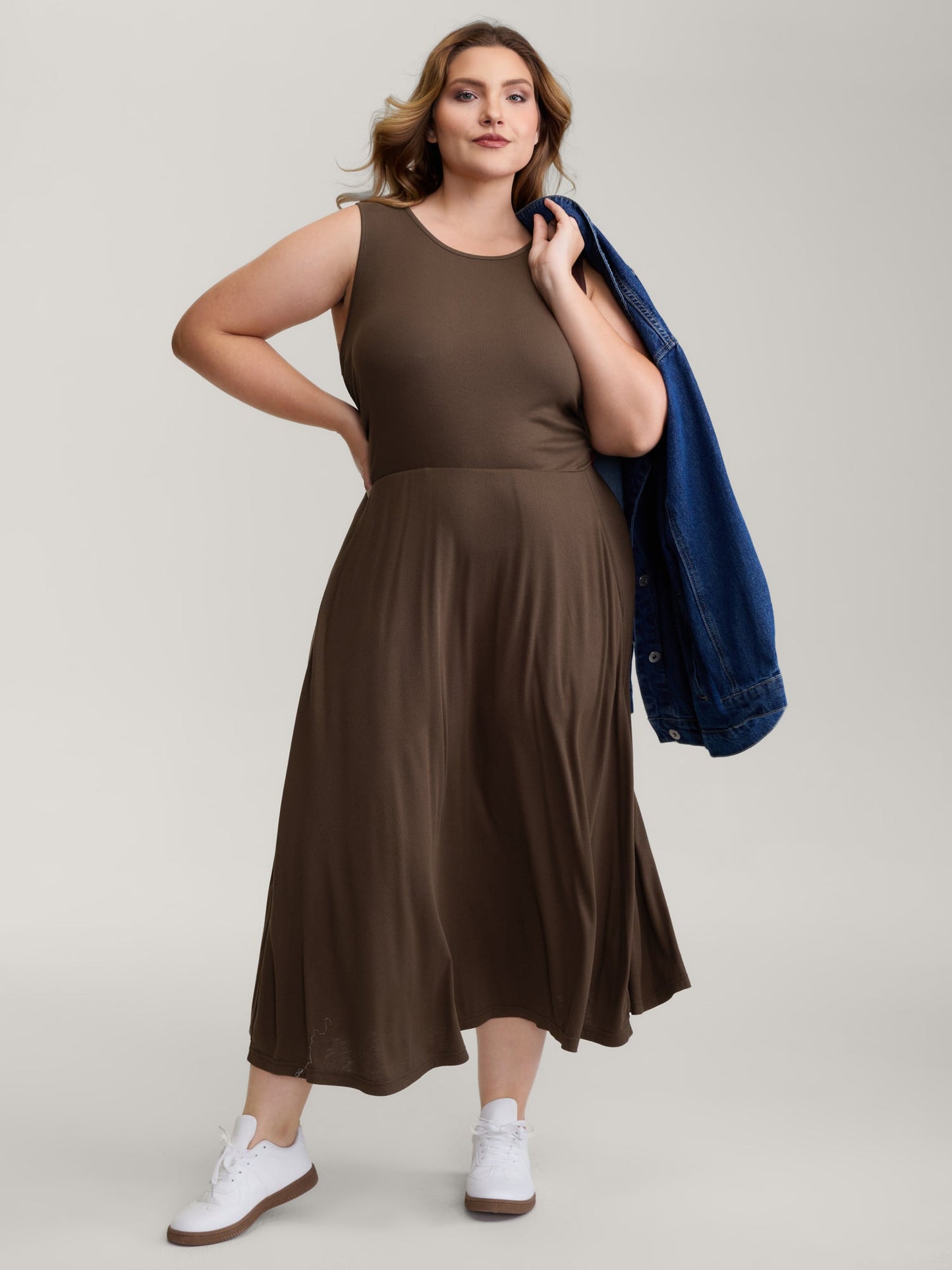 Supersoft Ribbed Knit Cinched-Waist A-Line Maxi Dress