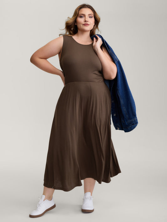 Supersoft Ribbed Knit Cinched-Waist A-Line Maxi Dress