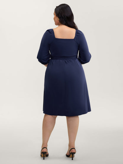 Neck-Tie Lantern Sleeve Shirred Midi Dress