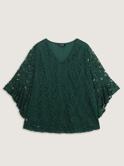 Lace Sheer Flared Sleeve V-Neck Blouse