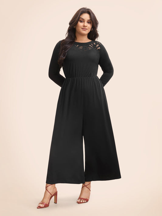 Crew Neck Crochet Lace Cut Out Jumpsuit