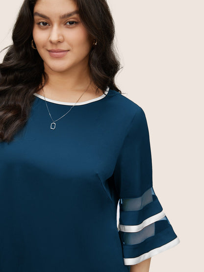 Contrast Patchwork Mesh Bell Sleeve Blouse