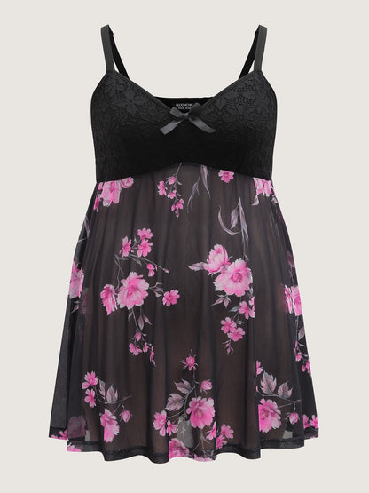 Floral Print Sheer Lace Trim Sleep Dress